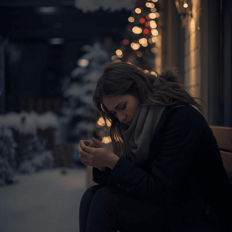 A woman sitting alone in winter, reflecting quietly beside a softly lit Christmas tree — symbolizing grief, healing, and self-compassion during the holiday season.